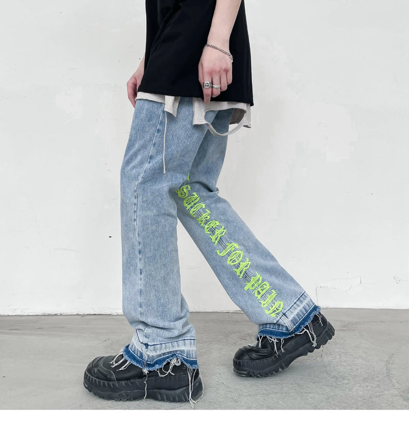 fashion letters embroidery denim flare jeans mens high street elastic waist straight trouser hip hop streetwear pants joggers unique joggers style 4803