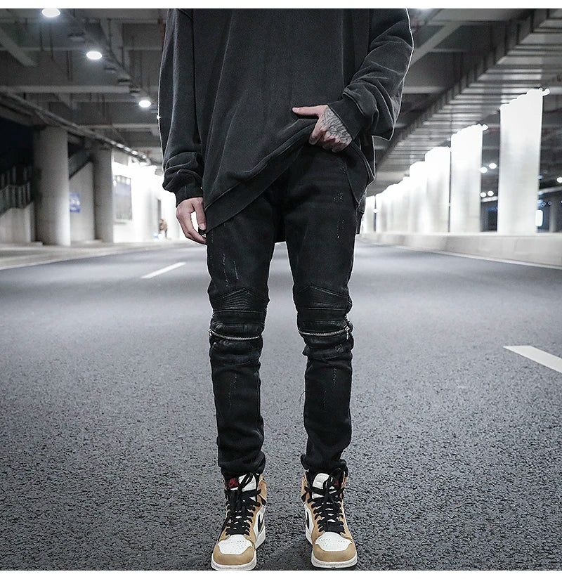 knee zipper hole patckwork skinny denim jeans men casual slim biker trousers jeans fashion streetwear hip hop jean pants joggers unique joggers style 1032