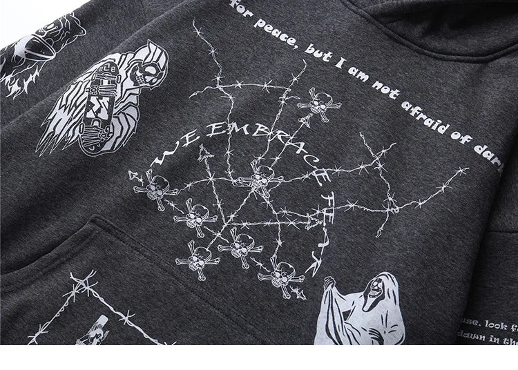 2023 Hip Hop Hoodie Sweatshirt Men Streetwear Skull Graffiti Print Hoodie Pullover Cotton Autumn Grey Harajuku Punk Clothes New
