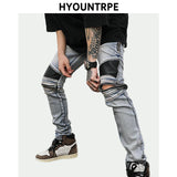 high street pu leather zippers patchwork biker jeans mens stretch denim slim jean pants motorcycle slim trousers hip hop pants vintage washed jeans