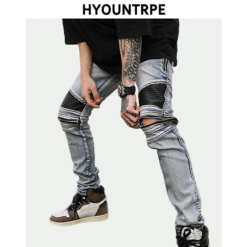high street pu leather zippers patchwork biker jeans mens stretch denim slim jean pants motorcycle slim trousers hip hop pants vintage washed jeans