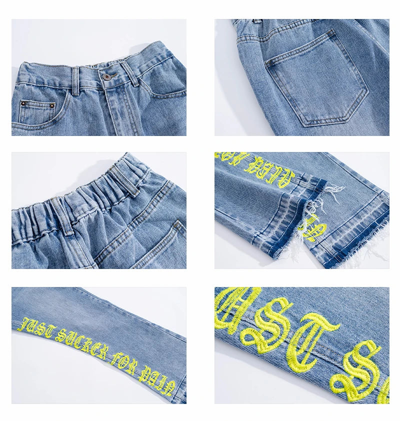 fashion letters embroidery denim flare jeans mens high street elastic waist straight trouser hip hop streetwear pants joggers unique joggers style 4808