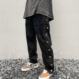 mens side buttons patchwork harajuku straight pants casual elastic waist fake suede trousers hip hop streetwear casual joggers relaxed fit joggers