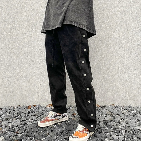 mens side buttons patchwork harajuku straight pants casual elastic waist fake suede trousers hip hop streetwear casual joggers relaxed fit joggers