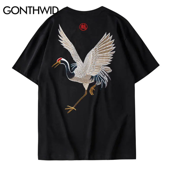 Harajuku Oversized Shirt – Gonthwid Harajuku Embroidery Crane Tees Shirts Mens 2023 Hip – Modern Streetwear for Everyone