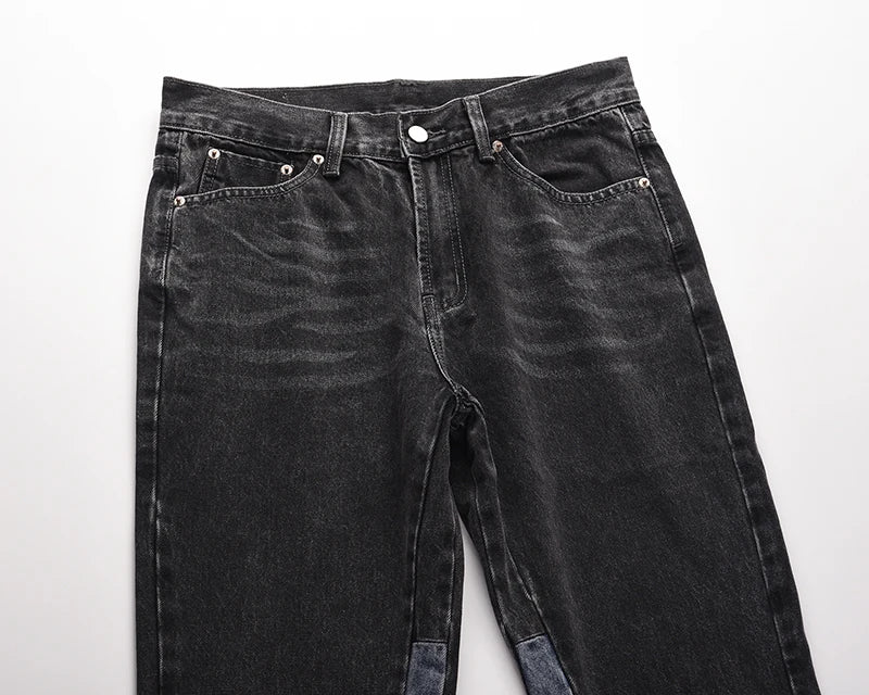 high street washed color match frayed micro flared jeans mens straight spliced retro loose casual denim pants hip hop trousers unique jeans style 26