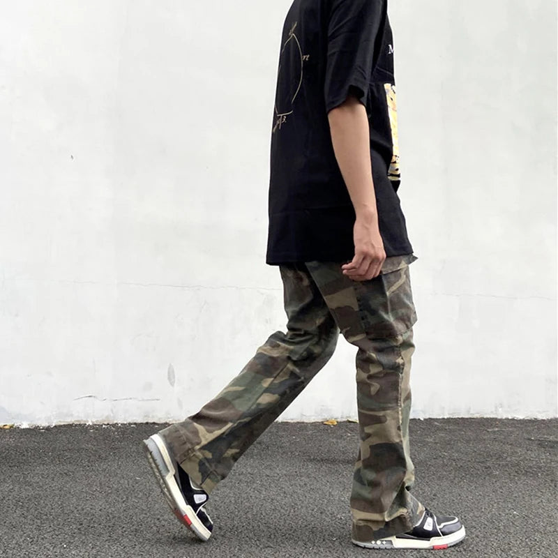 streetwear mens hip hop camouflage flare pants fashionable camo cargo pants male slim fit camouflage trousers women all match unique cargo style 5128