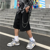 mens shorts summer casual black zipper elastic waist straight short pants with chain new hip hop streetwear loose shorts joggers unique joggers style 2350