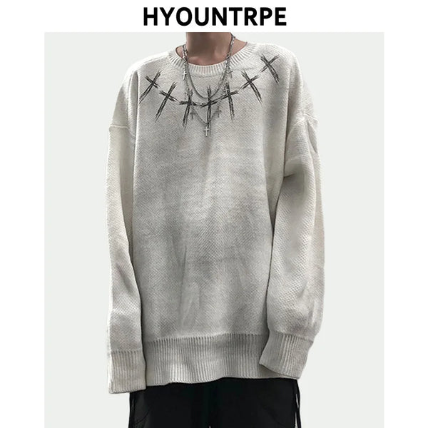 high street vintage wash sweater men graffiti loose knitted pullover long sleeve hip hop oversize sweater casual jumper knitwear - urban fashion pullover, vintage look oversized hoodie, oversized streetwear hoodie