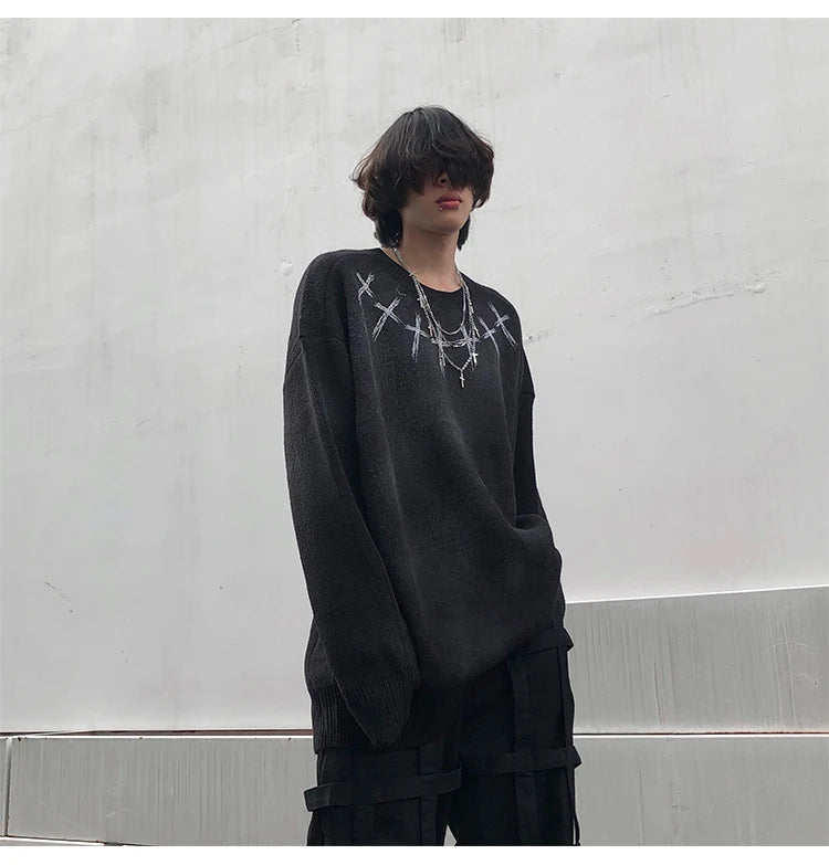 high street vintage wash sweater men graffiti loose knitted pullover long sleeve hip hop oversize sweater casual jumper knitwear - anime inspired graphic hoodie, bold artwork streetwear hoodie, vintage look oversized hoodie