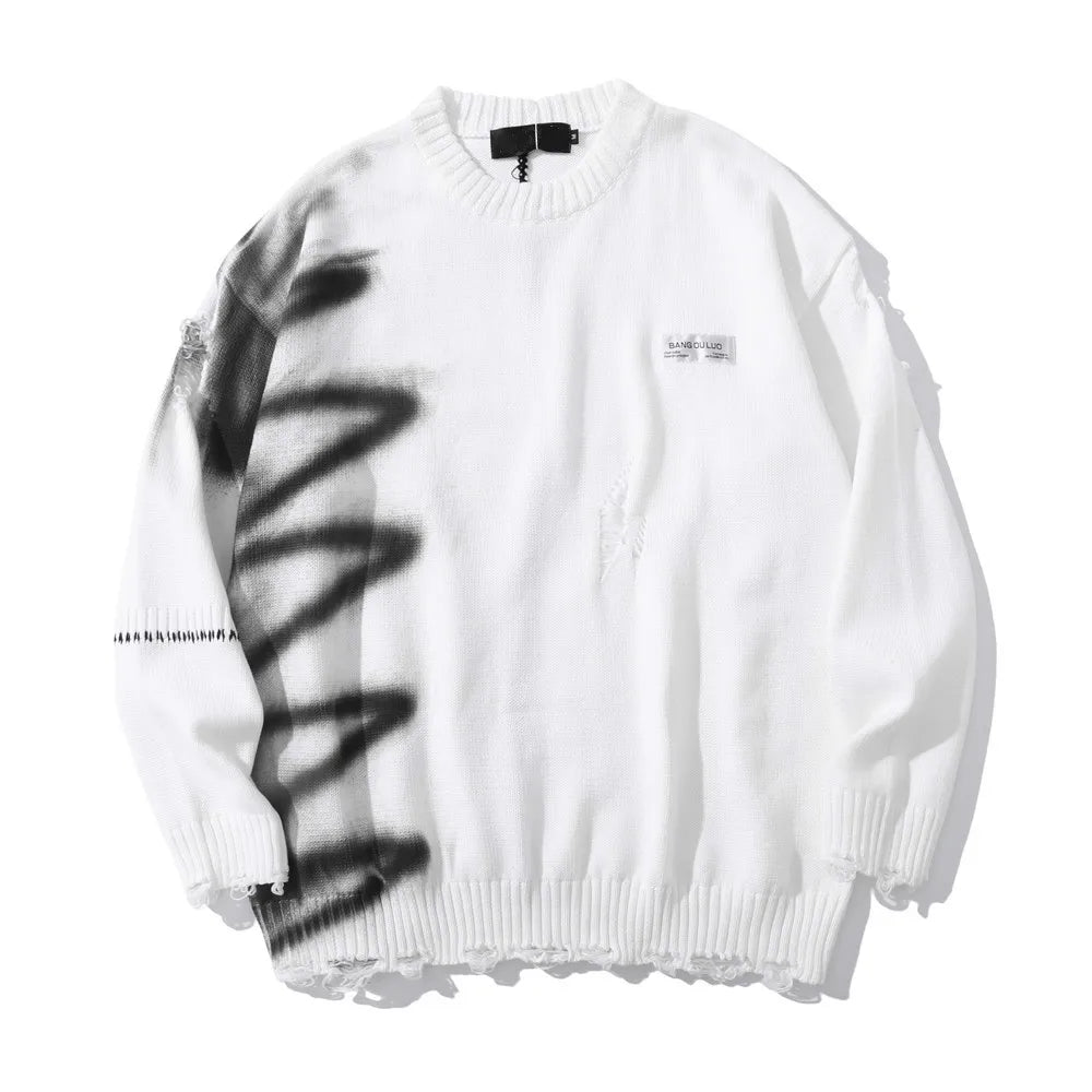 mens hip hop destroy ripped holes streetwear graffiti harajuku sweater vintage retro knitted sweater new casual cotton pullover Y2K vintage urban hoodie, aesthetic street look hoodie, oversized graphic print design