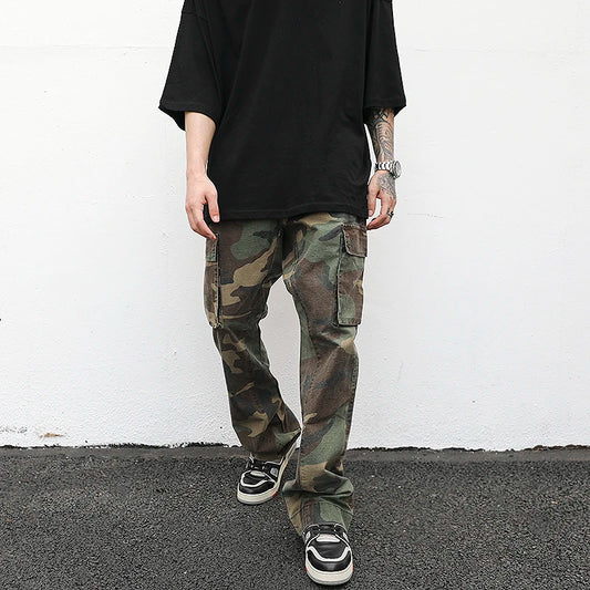 streetwear mens hip hop camouflage flare pants fashionable camo cargo pants male slim fit camouflage trousers women all match combat utility trousers