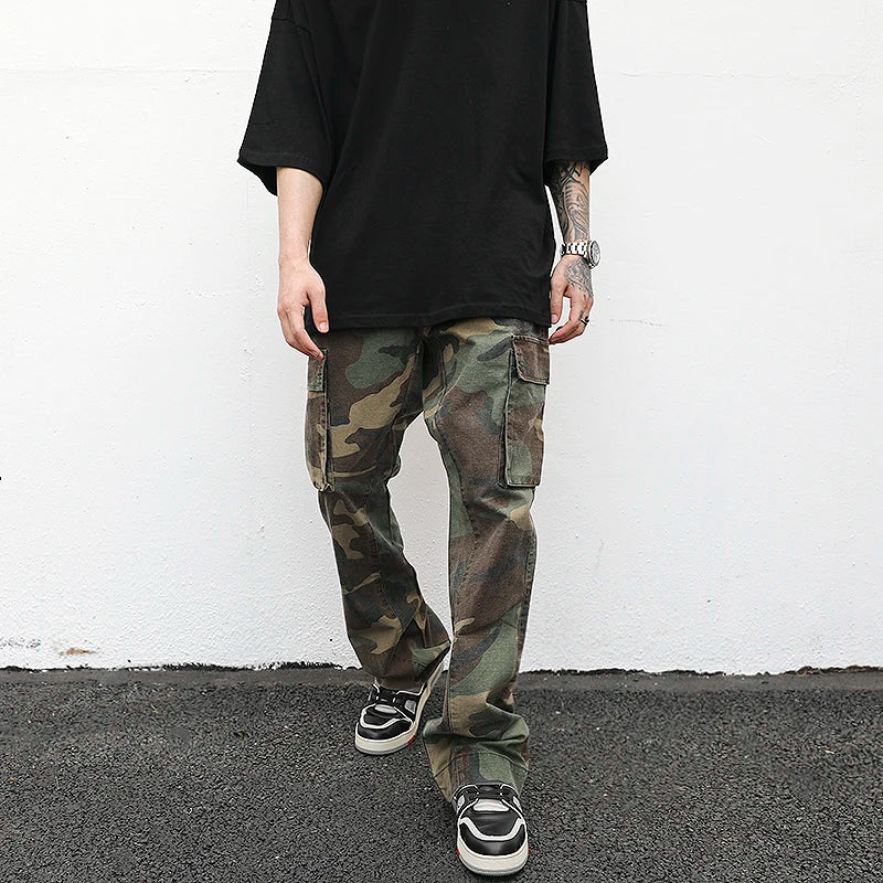 streetwear mens hip hop camouflage flare pants fashionable camo cargo pants male slim fit camouflage trousers women all match combat utility trousers
