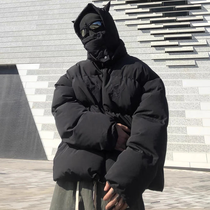 Y2K tribal flames featuring hip hop streetwear parka embroidered skull jacket harajuku little devil designer hood padded jacket coat winter outwear unisex
