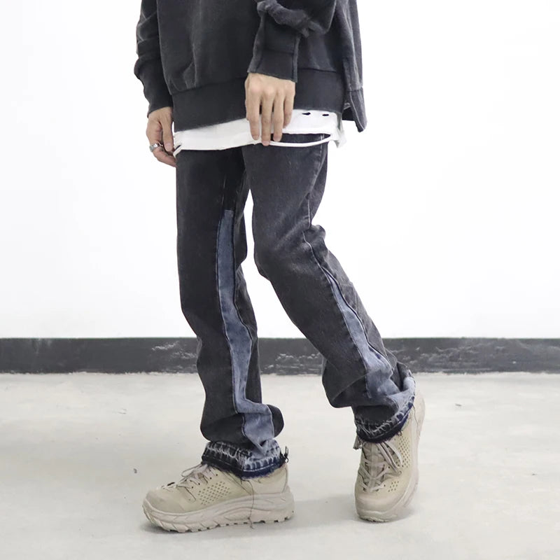 high street washed color match frayed micro flared jeans mens straight spliced retro loose casual denim pants hip hop trousers denim street jeans