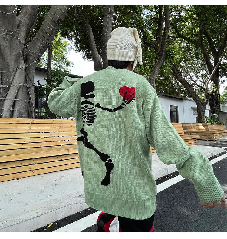 hip hop skull knitted oversized sweater men autumn winter o neck long sleeve pullover streetwear loose sweaters mens clothing urban wear with bold artwork, oversized graphic print design, unique limited edition hoodie