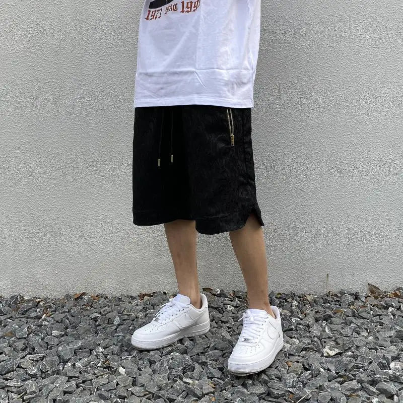 hip hop loose shorts elastic waist pants fashion printed zipper pocket half pants mens drewstring casual sportswear pant joggers urban active pants