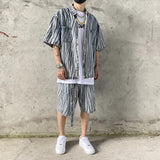 2 Pieces Sets Men Fashion Striped Printed Short Sleeves Single Breasted Loose Shirts and Shorts Joggers Streetwear Hip Hop Set