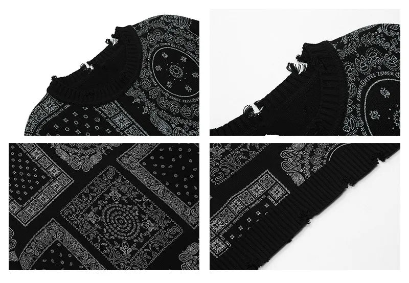 hip hop paisley printed ripped knitted holes sweater mens autumn winter long sleeve pullover streetwear loose sweaters clothing oversized graphic print design, Y2K vintage urban hoodie, high quality cotton pullover