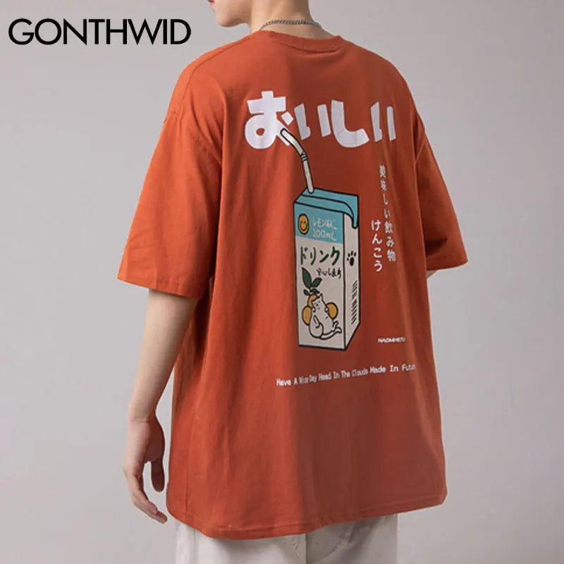 Anime Aesthetic Tee – Gonthwid T Shirt Streetwear Harajuku Japanese Milk Print Tee – Urban Streetwear for Men & Women