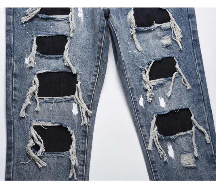 men ripped holes denim jean pants hip hip new fashion straight patchwork pants new casual jeans streetwear mens trousers joggers unique joggers style 1396