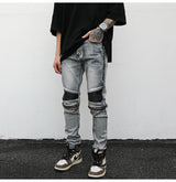 high street pu leather zippers patchwork biker jeans mens stretch denim slim jean pants motorcycle slim trousers hip hop pants unique jeans style 2317