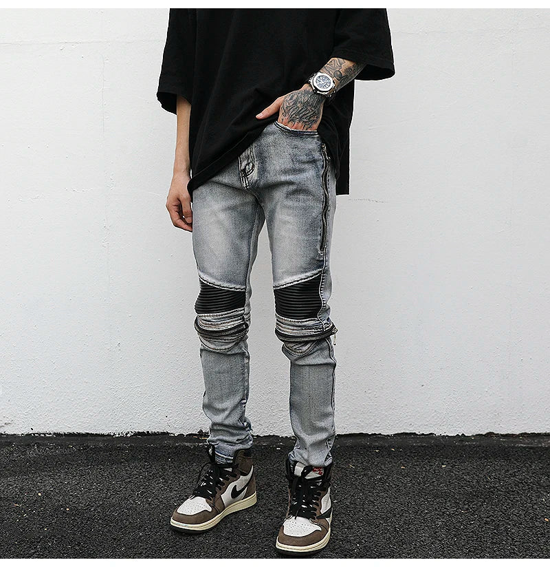 high street pu leather zippers patchwork biker jeans mens stretch denim slim jean pants motorcycle slim trousers hip hop pants unique jeans style 2317