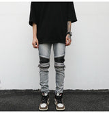 high street pu leather zippers patchwork biker jeans mens stretch denim slim jean pants motorcycle slim trousers hip hop pants unique jeans style 2302