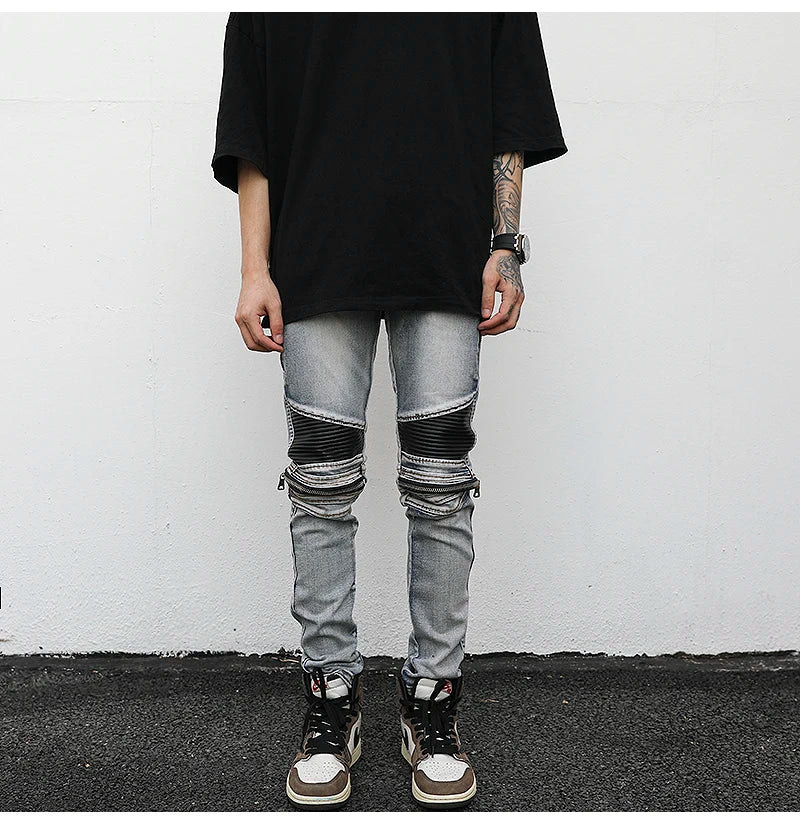 high street pu leather zippers patchwork biker jeans mens stretch denim slim jean pants motorcycle slim trousers hip hop pants unique jeans style 2302