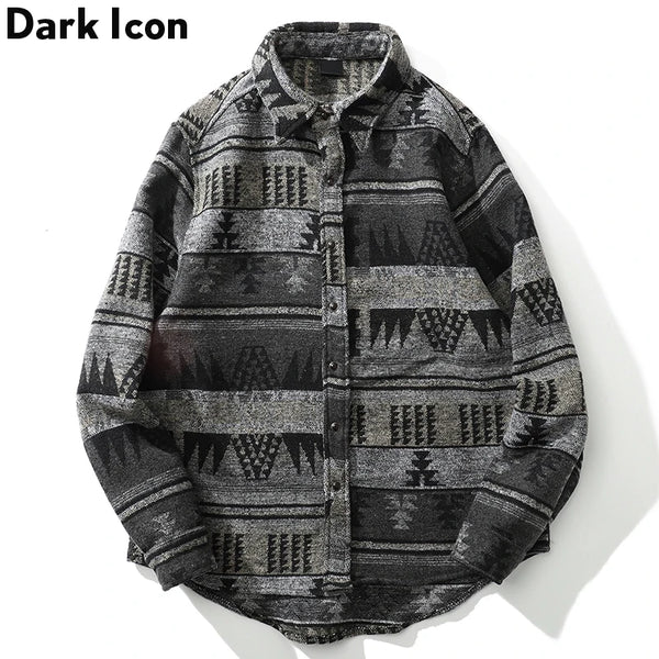 Dark Icon Geometric Stripe Shirts Men Women Long Sleeve Harajuku Woolen Shirts Men Clothing