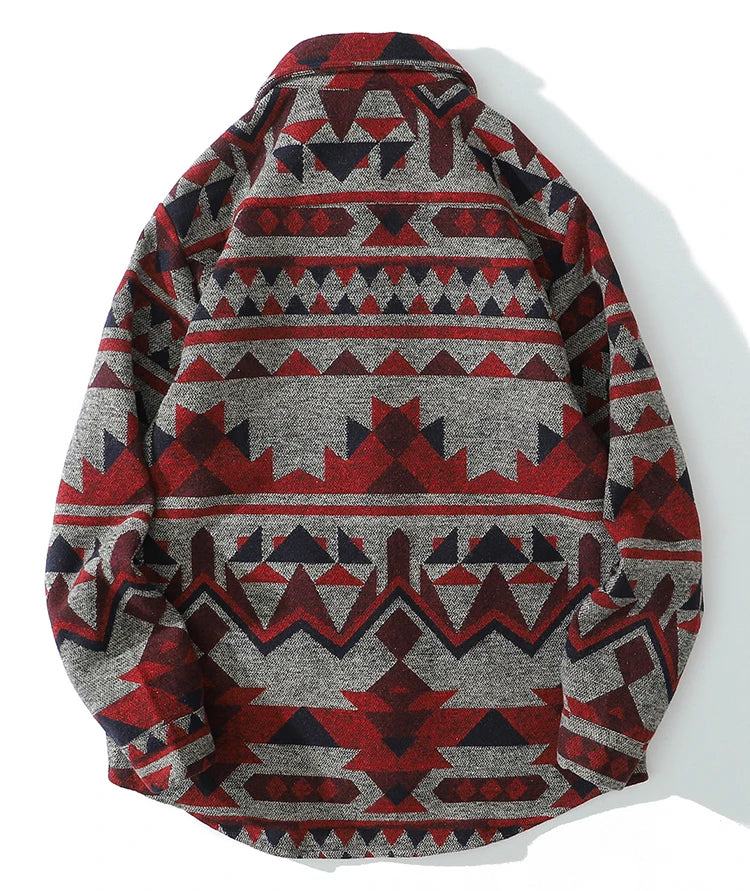 Color Retro Geometric Pattern Men Shirt Thick Casual Baggy Big Pockets High Street Autumn Streetwear