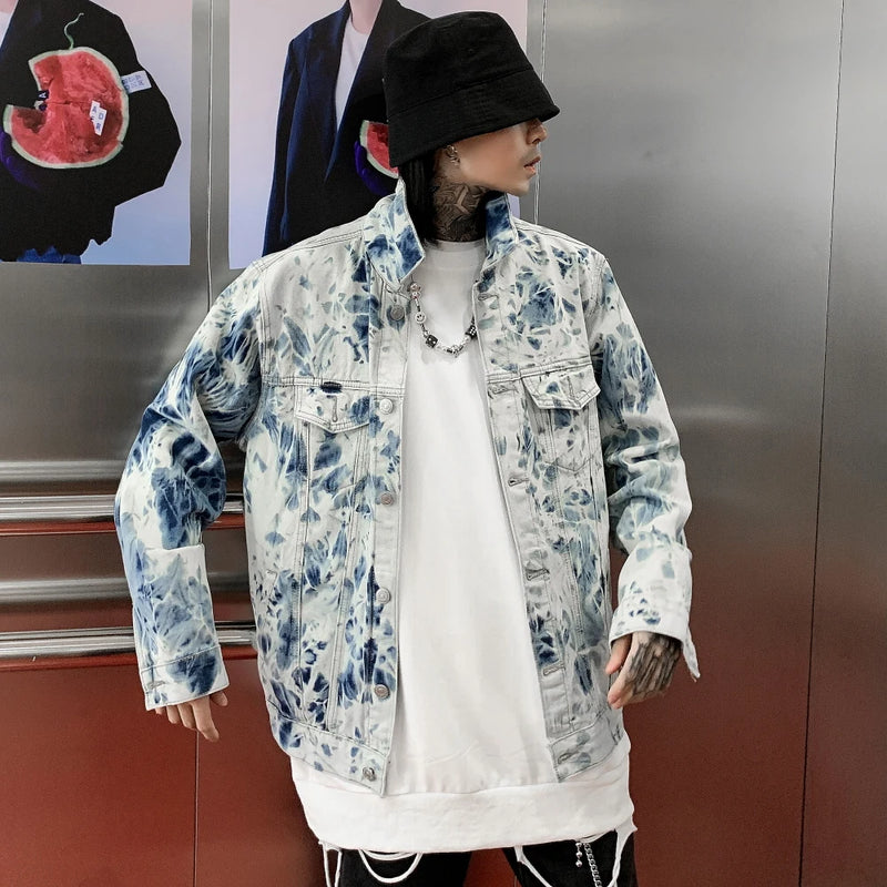 trendy coat featuring fashion tie dyed jeans jackets coat men casual single breasted turn down collar denim streetwear new hip hop outerwear jacket design – premium quality jacket for men