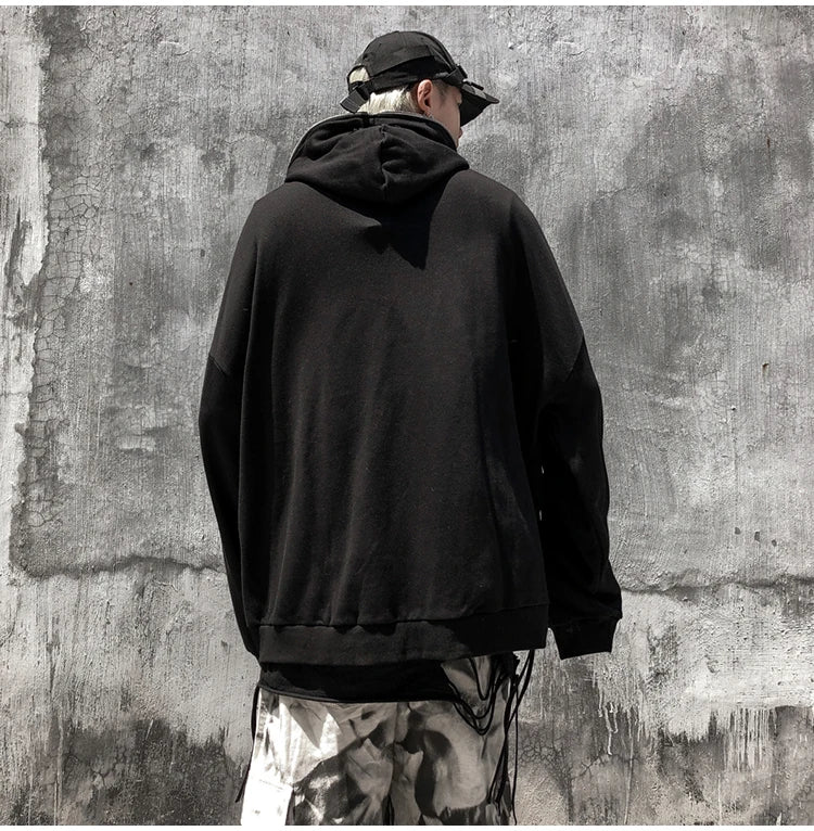 Aolamegs Punk Graphic Print Zipper Ribbon Hooded Hoodie Men Casual Bla