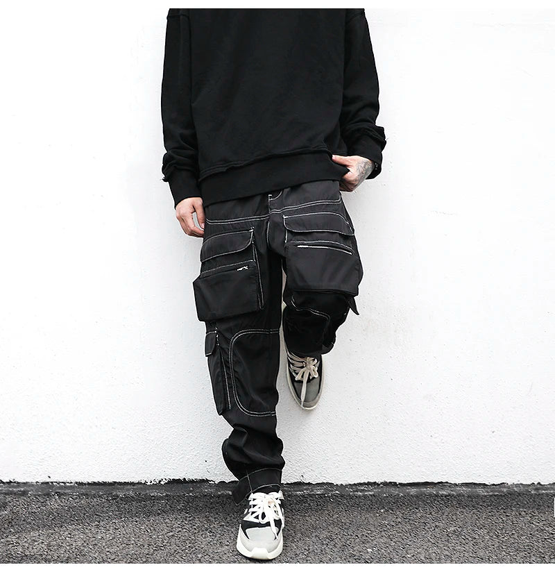 men pockets cargo pants new fashion zipper loose fit harajuku military trousers casual hip hop sportswear streetwear black pants unique cargo style 2492