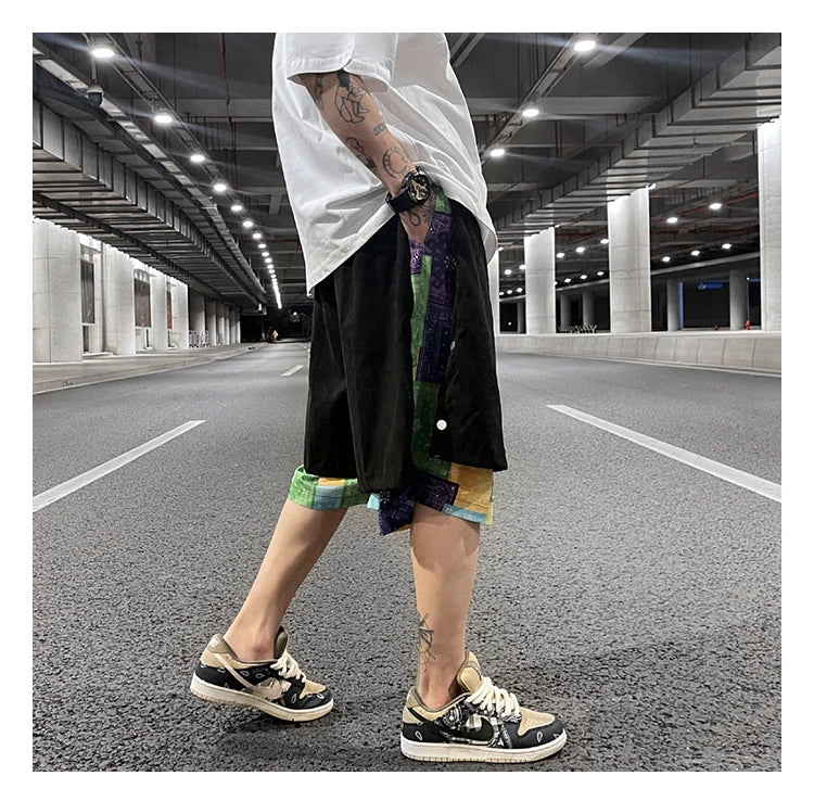 men side buttons patchwork harajuku straight shorts new elastic waist short pants joggers hip hop streetwear casual sweatshorts unique joggers style 1095
