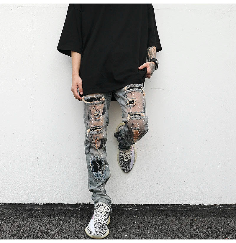 bottom zipper destroyed jeans skinny jeans ripped slim men biker jeans fashion graffiti printed streetwear hip hop pants joggers unique joggers style 649
