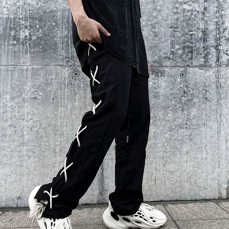 hip hop loose fit elastic waist pants fashion side reflective cross lines pants mens casual streetwear sportwear pants joggers streetwear sweatpants