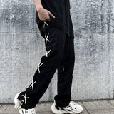 hip hop loose fit elastic waist pants fashion side reflective cross lines pants mens casual streetwear sportwear pants joggers unique joggers style 5491