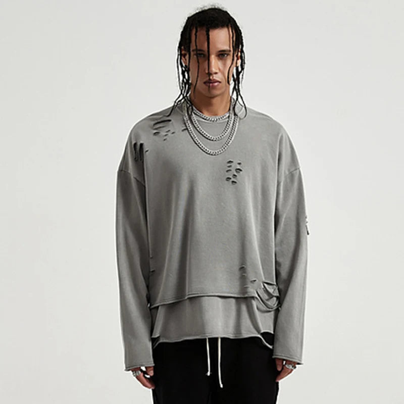 Hip Hop Streetwear Vintage Sweatshirt 2021 Autumn Creative Distressed Destroyed Ripped Holes Pullover Cotton Tops Loose WE301
