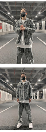 2 pieces sets mens fashion striped single breasted denim jeans jacket coat and zipper straight pants joggers new streetwear sets unique joggers style 3927