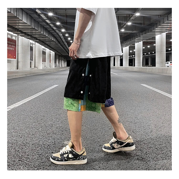 men side buttons patchwork harajuku straight shorts new elastic waist short pants joggers hip hop streetwear casual sweatshorts unique joggers style 1096