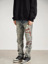 destroyed ripped straight jeans pants mens distressed biker jeans fashion irregular embroidery streetwear hip hop pants joggers relaxed fit joggers