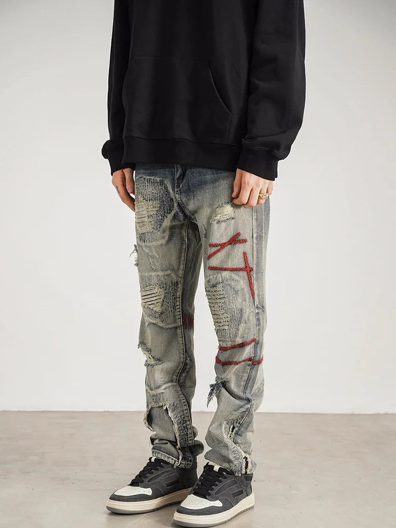 destroyed ripped straight jeans pants mens distressed biker jeans fashion irregular embroidery streetwear hip hop pants joggers relaxed fit joggers