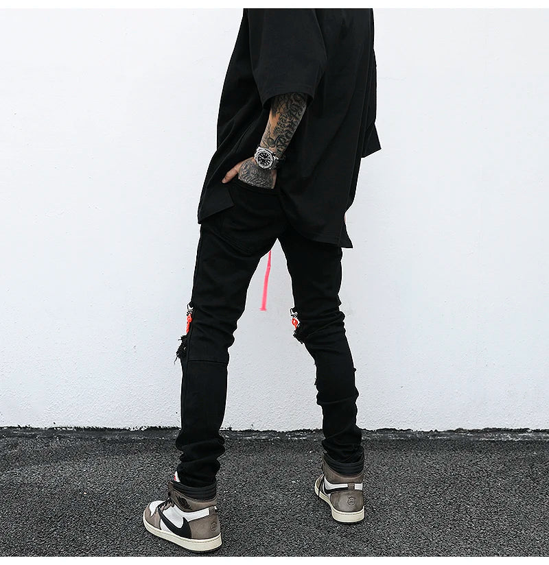 high street knee hole with chain ripped biker jeans mens slim fit denim pants autumn new streetwear casual hip hop pants joggers unique joggers style 4262