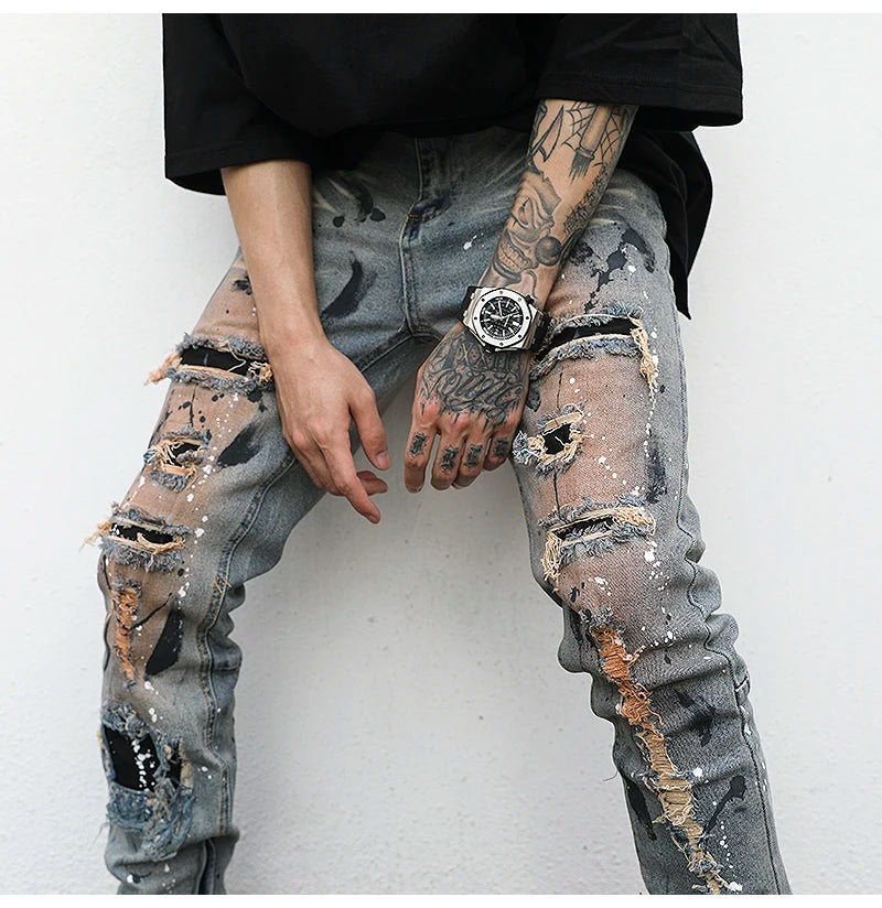 bottom zipper destroyed jeans skinny jeans ripped slim men biker jeans fashion graffiti printed streetwear hip hop pants joggers unique joggers style 648