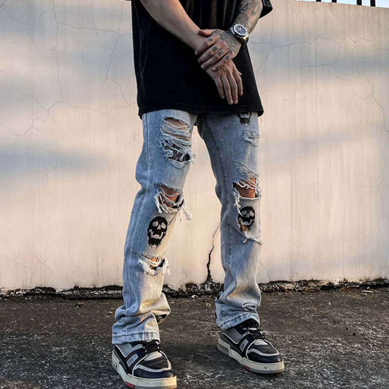 fashion skull printed denim jeans mens destoryed holes zipper flare jeans hip hop streetwear summer casual joggers jeans pants unique joggers style 3774