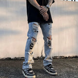 fashion skull printed denim jeans mens destoryed holes zipper flare jeans hip hop streetwear summer casual joggers jeans pants sporty tapered joggers
