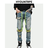 high street knee hole with chain ripped biker jeans mens slim fit denim pants autumn new streetwear casual hip hop pants joggers relaxed fit joggers