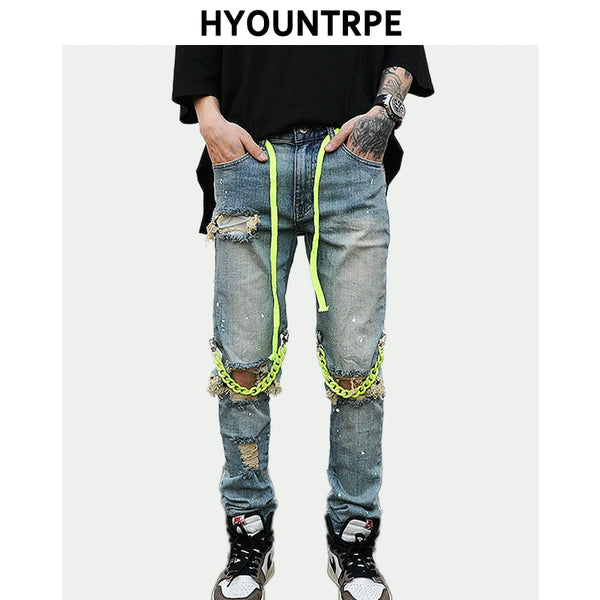 high street knee hole with chain ripped biker jeans mens slim fit denim pants autumn new streetwear casual hip hop pants joggers relaxed fit joggers