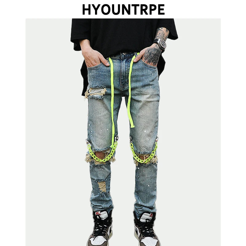 high street knee hole with chain ripped biker jeans mens slim fit denim pants autumn new streetwear casual hip hop pants joggers relaxed fit joggers